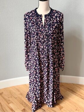 Bedford Fair Ditsy Floral Pleated Maxi Dress Navy Pink Lace Size 12 NWOT